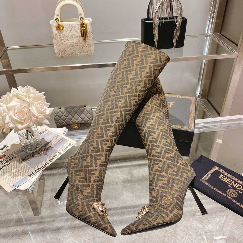 F**di fendace ff jacquard long boots brown