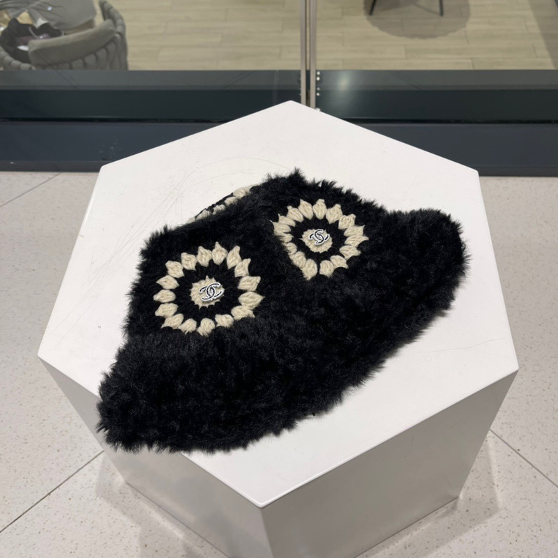 Ch*el knitted fur bucket cap black
