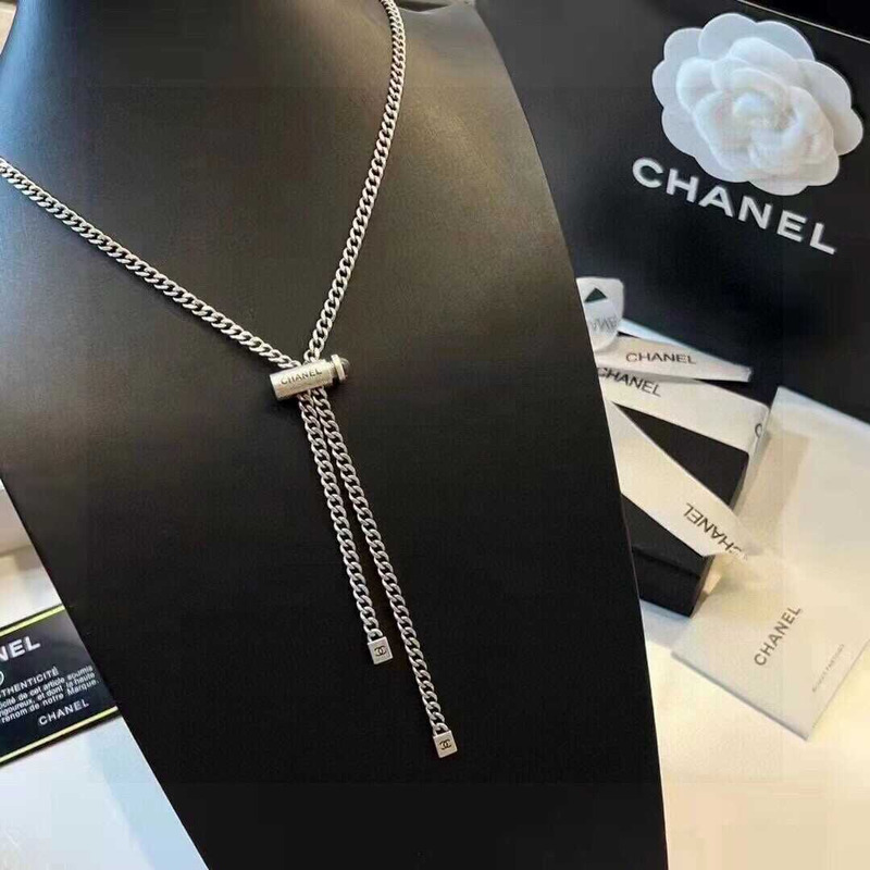Ch*el cc long pendant necklace silver