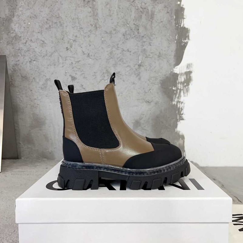 Ganni Patchwork Pullover Leather Ankle Boots Brown And Black