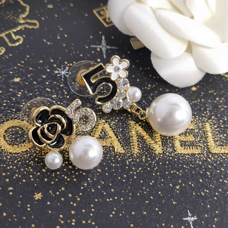 Ch*el pearl white black floral pendant earrings