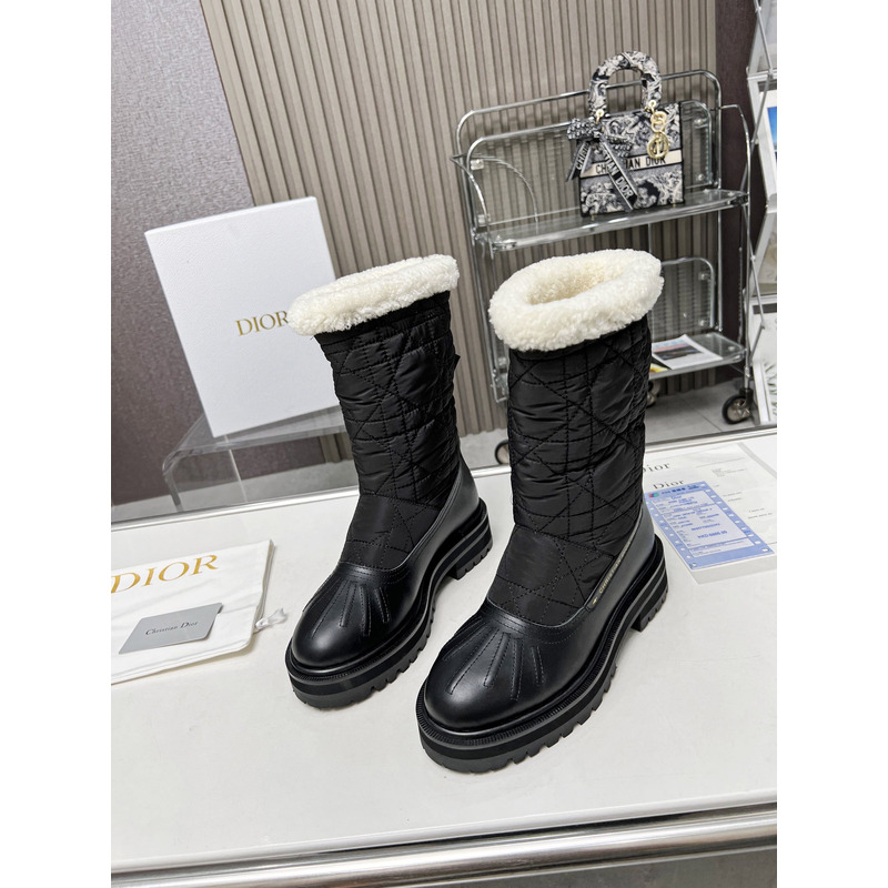D*or frozen-d ankle cannage quilted nylon boot black calfskin and white shearling