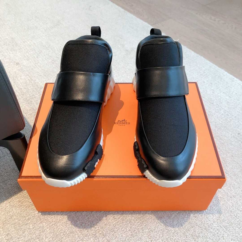 H**mes h canvas and calfskin sneaker noir