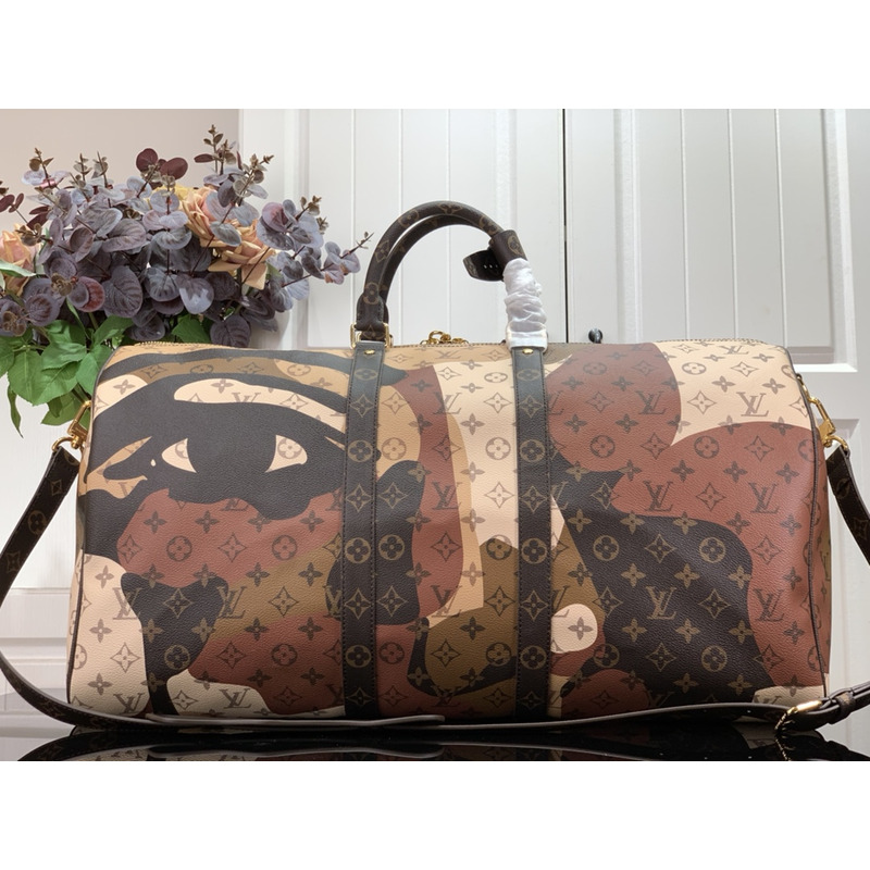 l**is V*t*n keepall bandoulière 55 woven letter-coated canvas and leather luggage bag multicolor