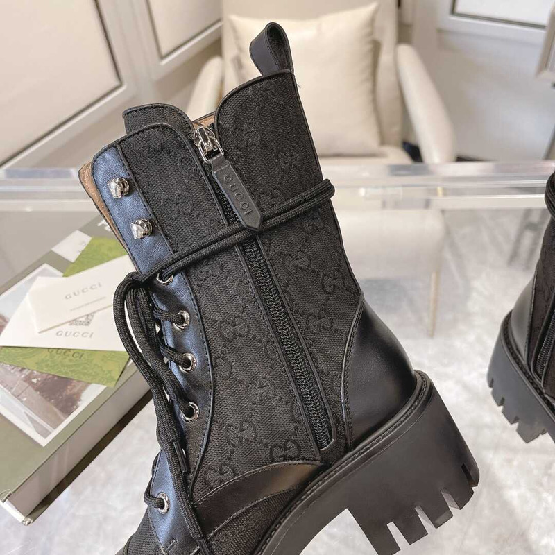 G*u*i gg quilted lace-up ankle boots canvas and leather black
