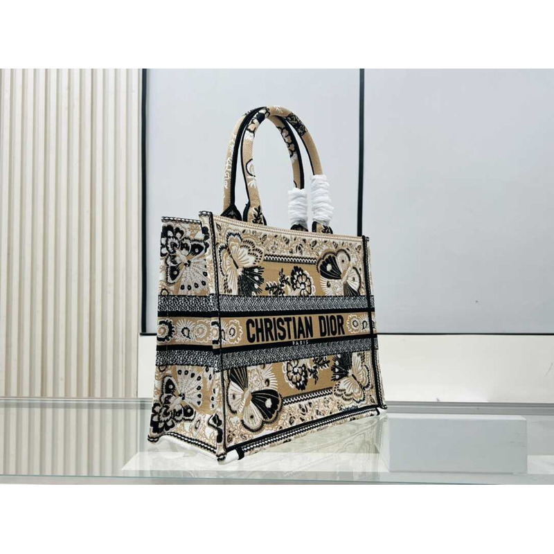 D*or medium book tote beige multicolor butterfly bandana embroidery