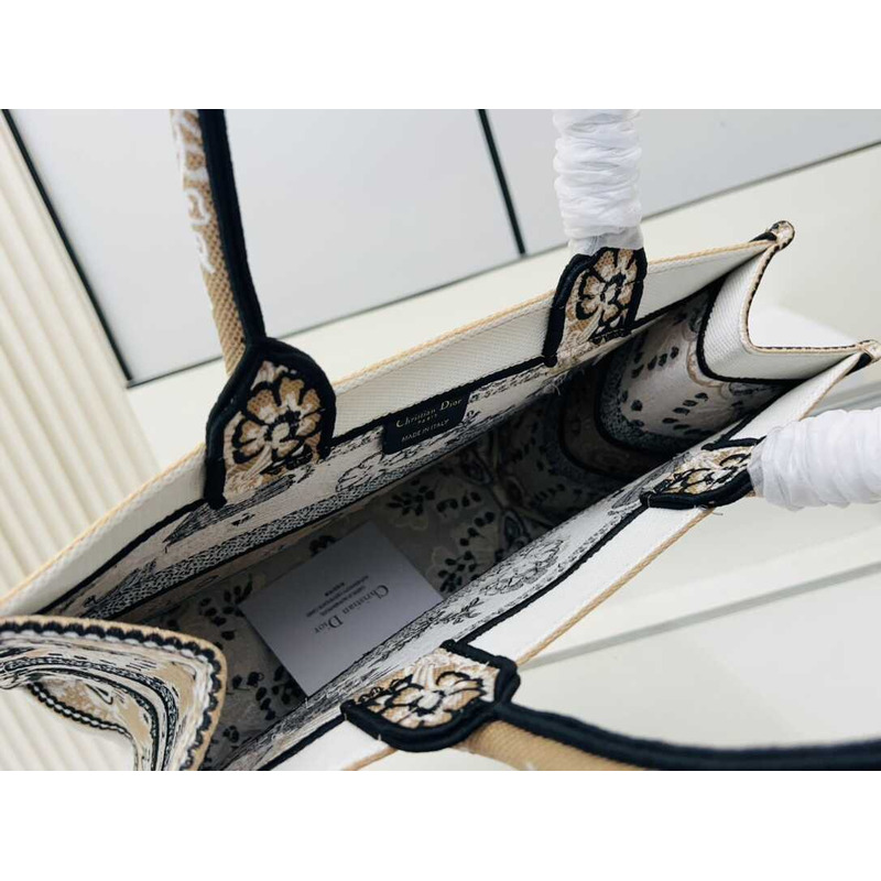 D*or medium book tote beige multicolor butterfly bandana embroidery