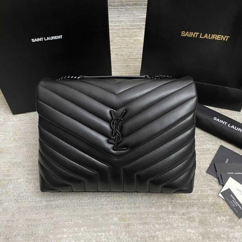 Saint Laurent Calfskin Y Quilted Monogram Medium Loulou Chain Satchel Black Logo