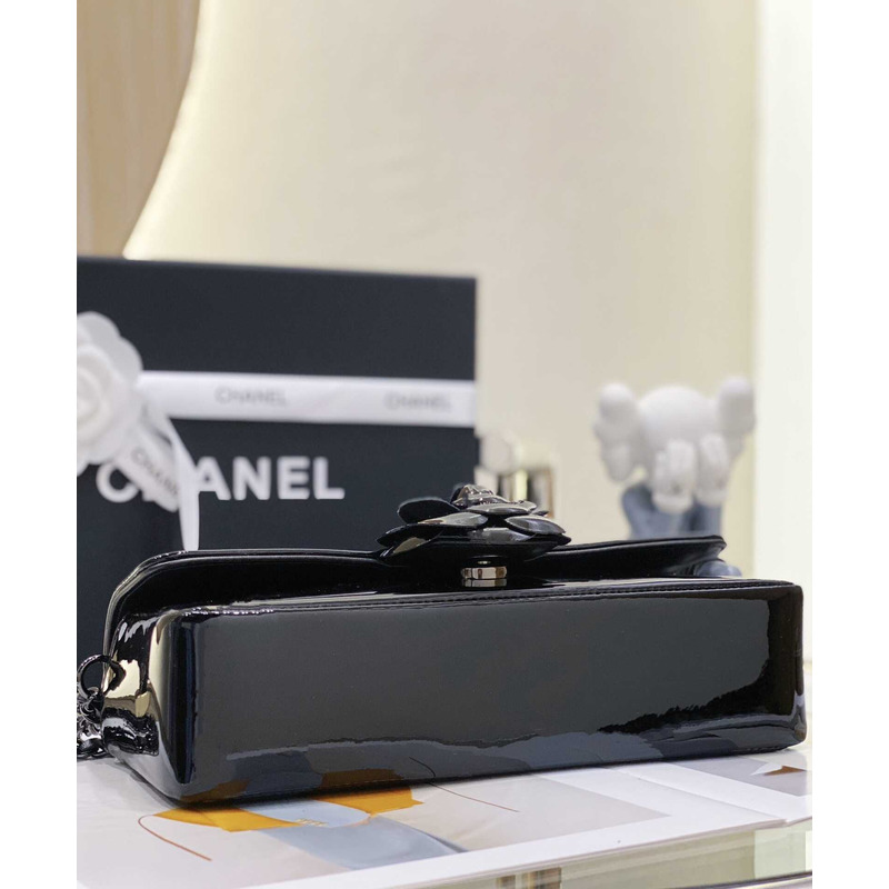 Ch*el small flap bag patent calfskin and black-tone metal coral black