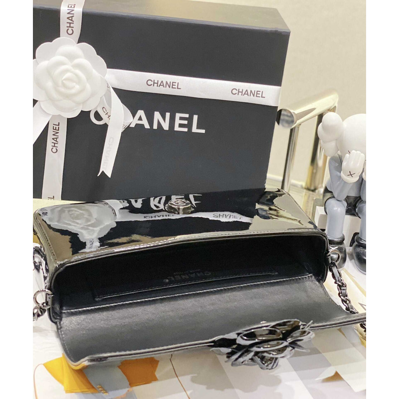 Ch*el small flap bag patent calfskin and black-tone metal coral black