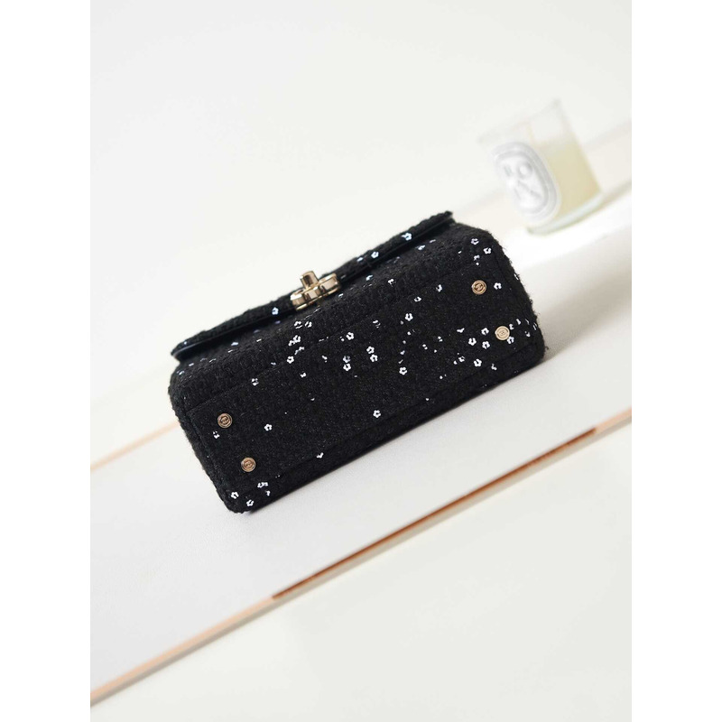 Ch*el small box bag tweed sequins & gold-tone metal black