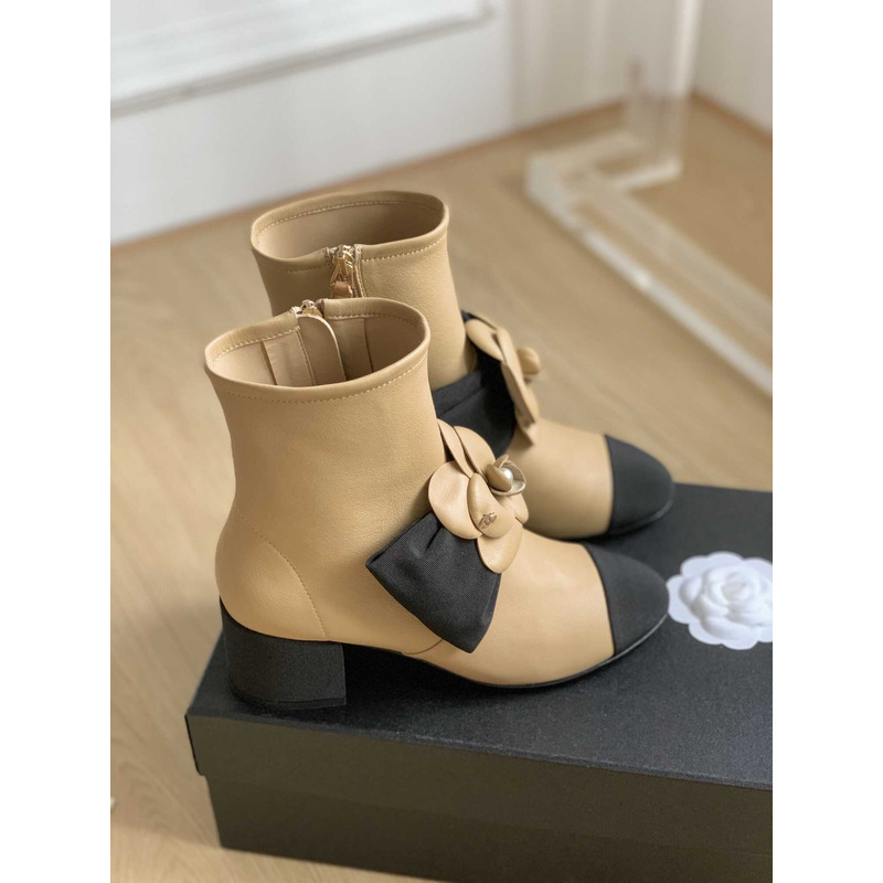 Ch*el short boots suede kidskin & grosgrain brown