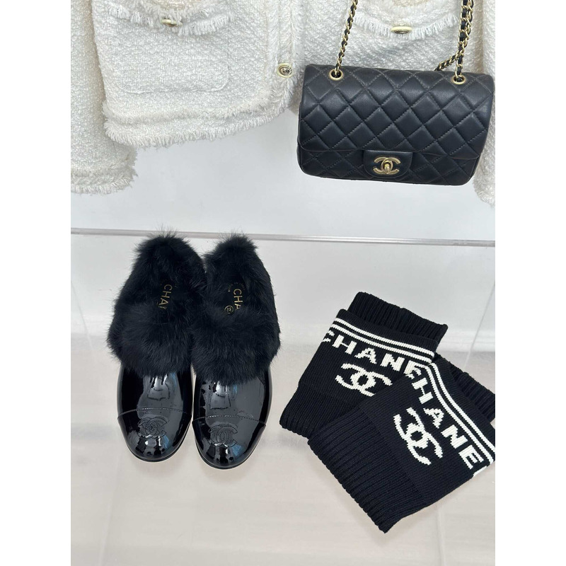 Ch*el short boots patent lambskin & shearling lambskin black