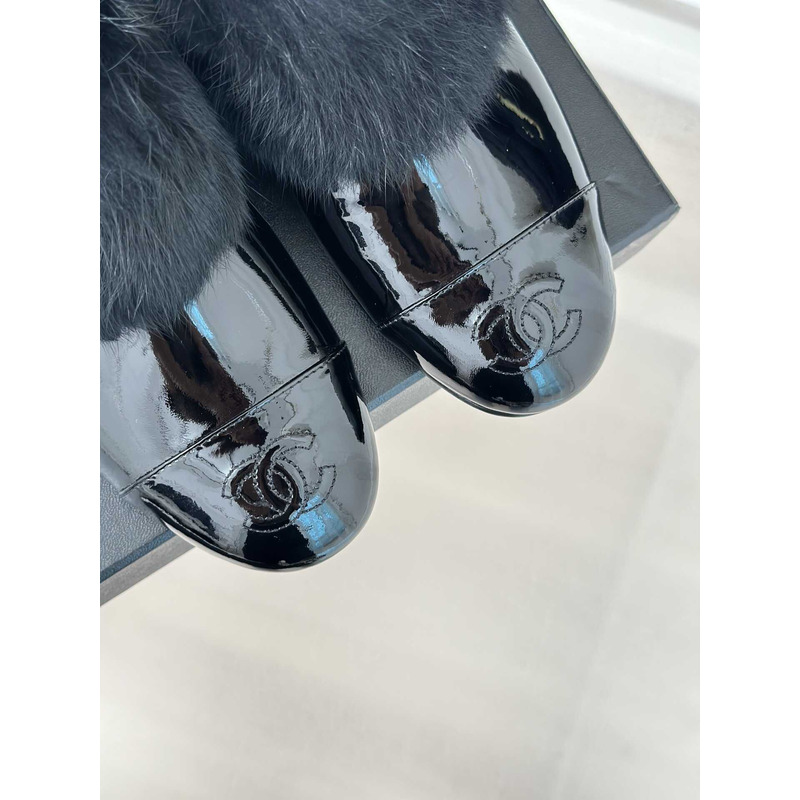 Ch*el short boots patent lambskin & shearling lambskin black