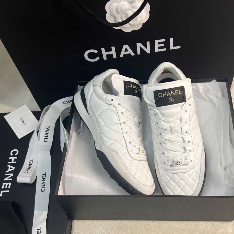 Ch*el calfskin & suede calfskin sneakers white