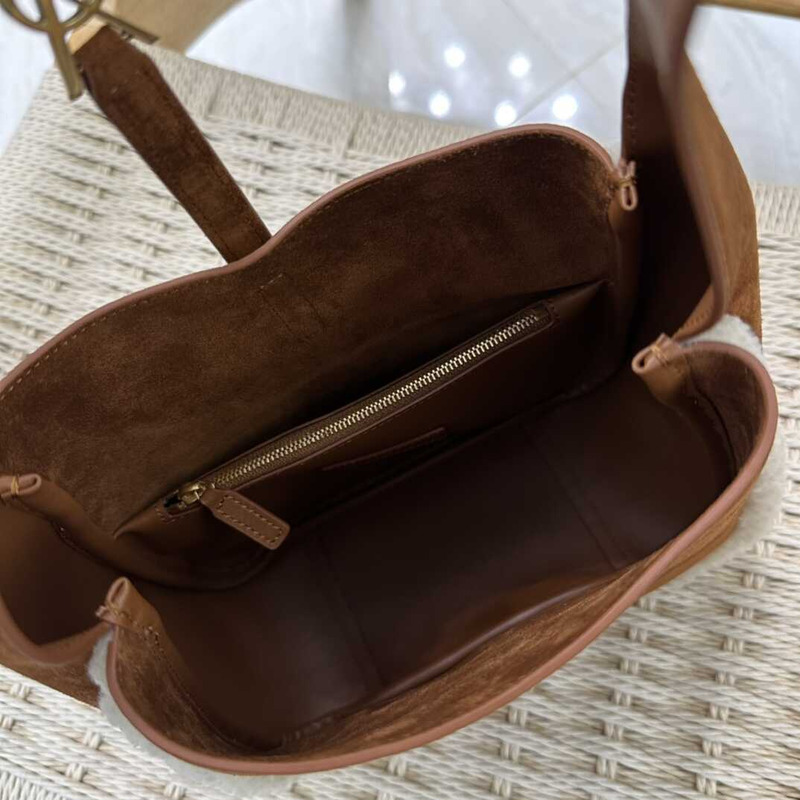 saint laurent le 5 À 7 S*pple small in suede and shearling dark cigar and natural beige