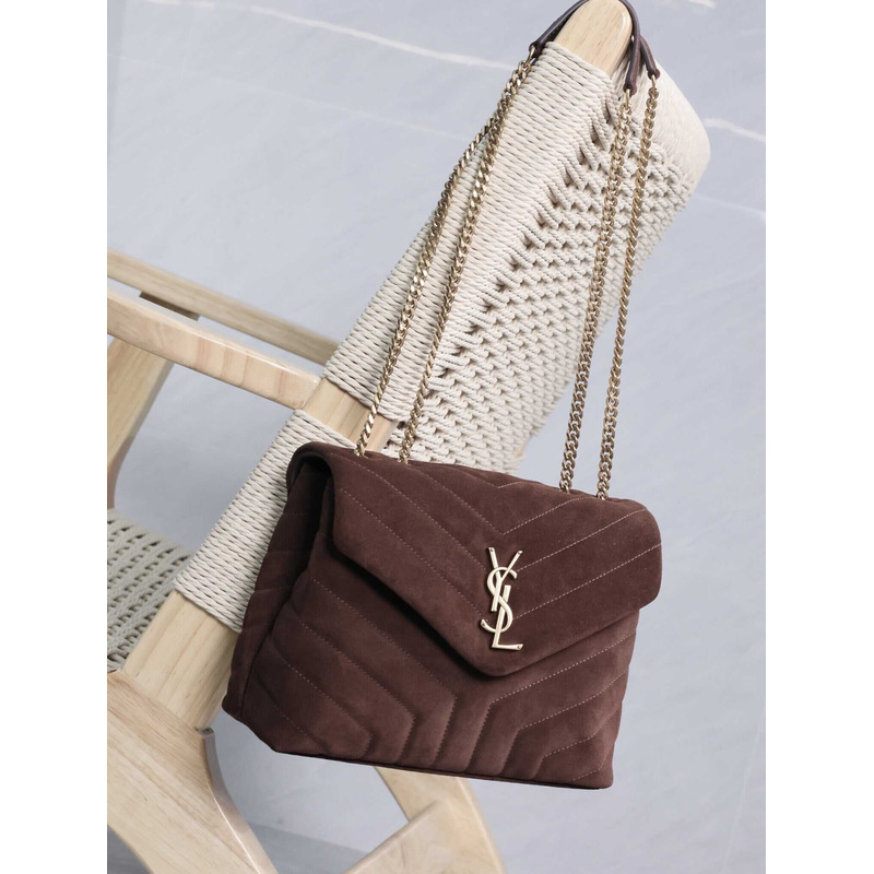 Saint Laurent Small Loulou Quiled Suede Handbag Dark Brown