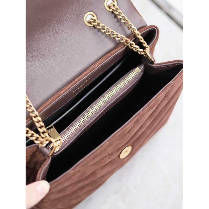 Saint Laurent Small Loulou Quiled Suede Handbag Dark Brown
