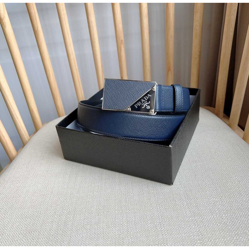 Pra*a saffiano leather belt with triangle logo navy blue