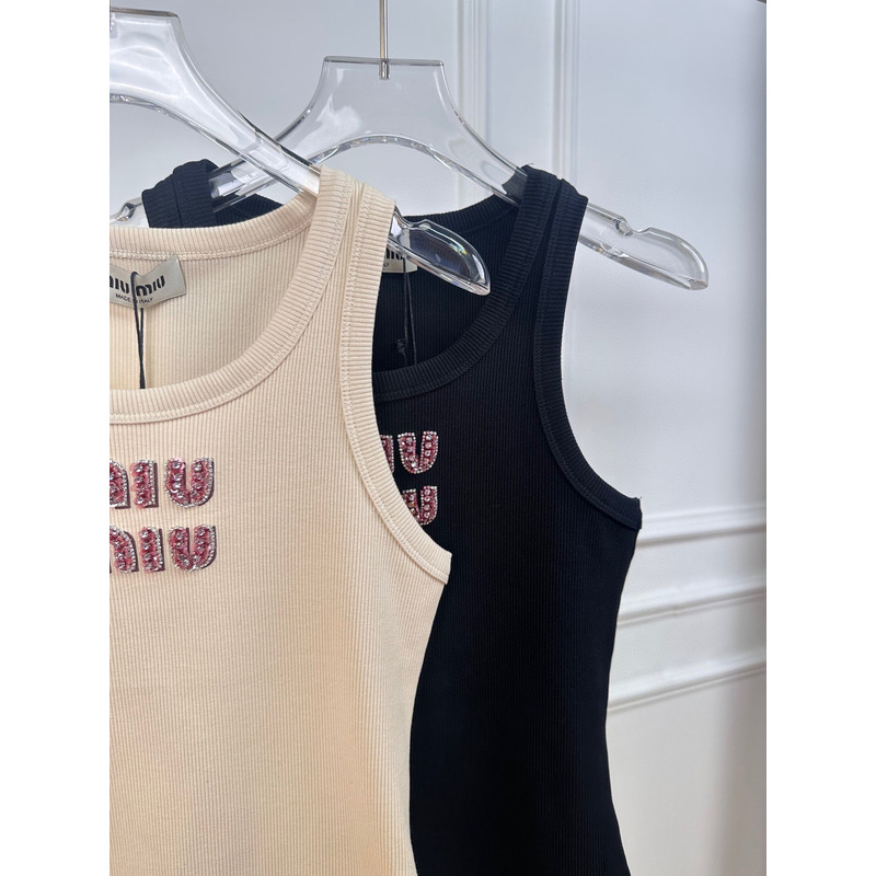 Miu Miu Rhinestones Logo Tank Top