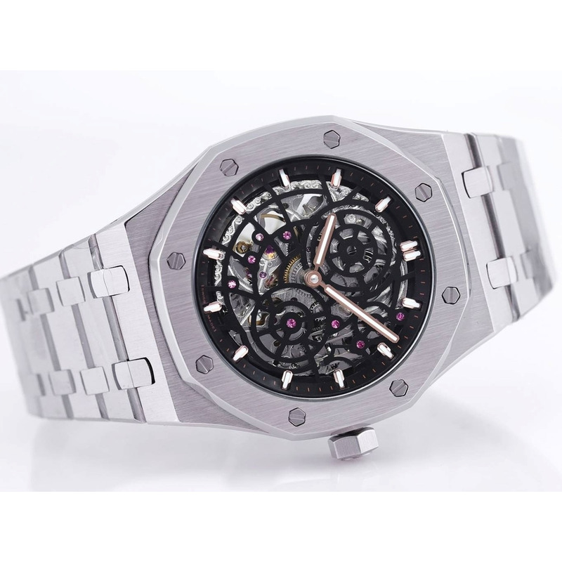 Audemars Piguet Royal Oak Openworked Steel Mens Watch Sliver Black Dial