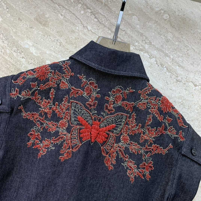 D*or embroidered jacket cotton denim and coral-colored beads black