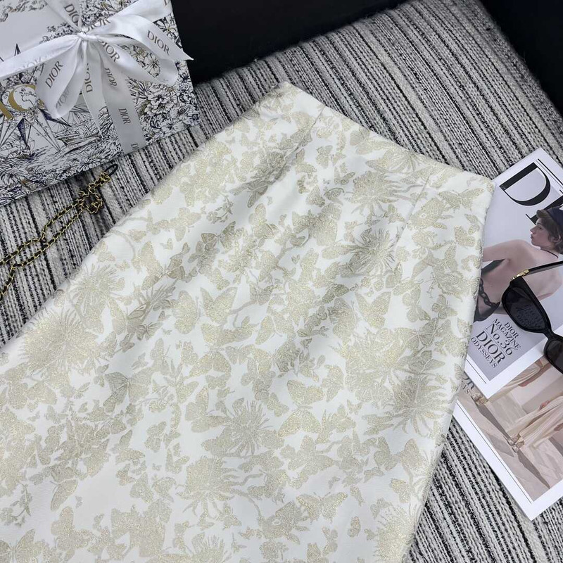 D*or mid-length flared skirt white technical jacquard with gold-tone allover butterfly motif