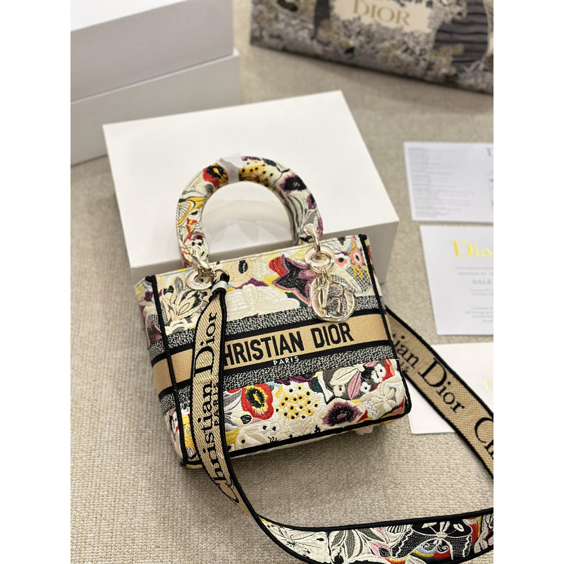 D*or medium lady d-lite bag brocart butterfly embroidery beige multicolor