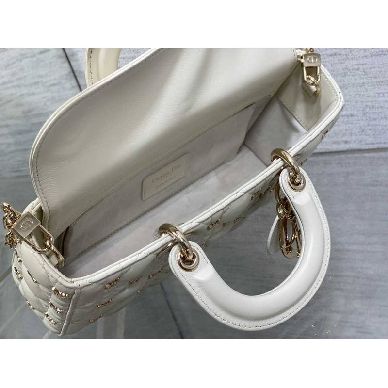 D*or medium lady d-joy bag cannage lambskin gold-finish butterfly studs white
