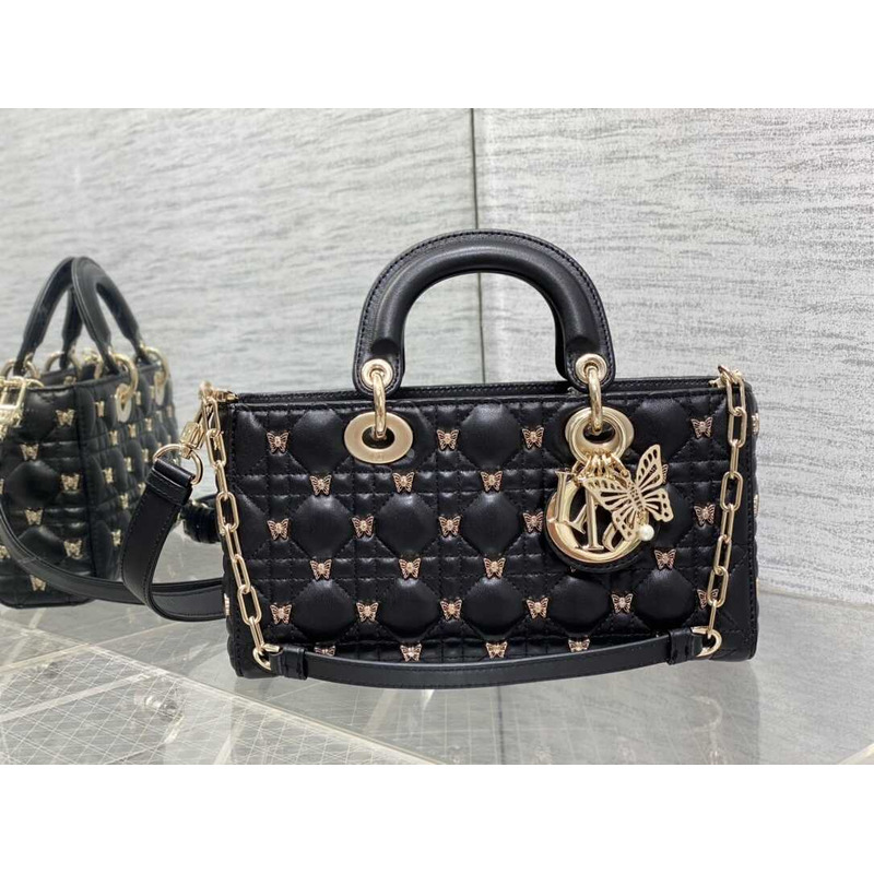 D*or medium lady d-joy bag cannage lambskin gold-finish butterfly studs black