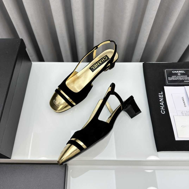 Ch*el velvet and leather slingbacks golden and black