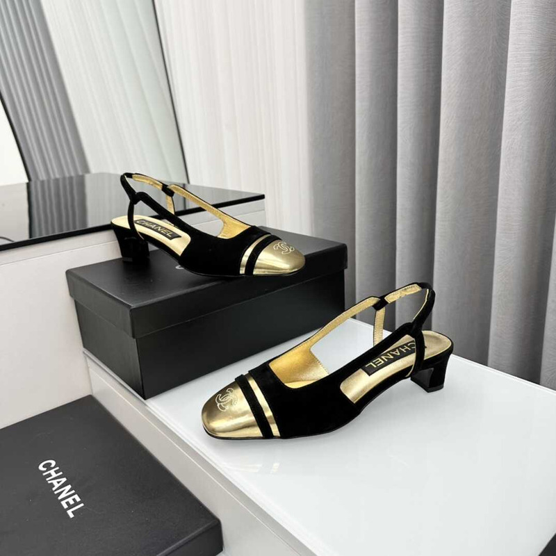 Ch*el velvet and leather slingbacks golden and black