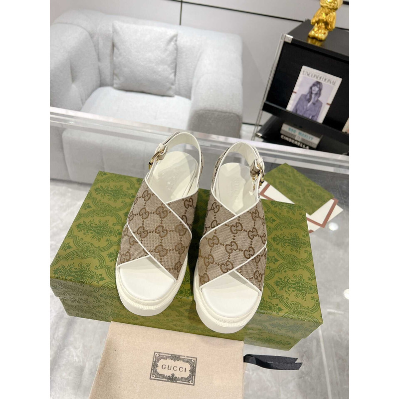 g*u*i women\''s gg S*p*e lug sole sandals beige and white