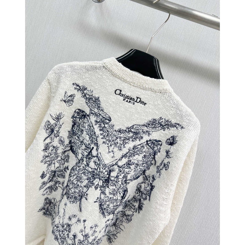 D*or embroidered jacket white wool, cotton and alpaca technical knit with pastel midnight blue butterfly around the world motif