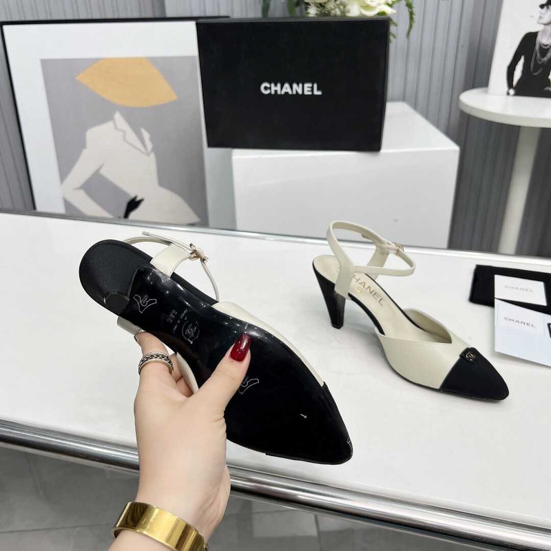 Ch*el contrast toe leather sling backs white