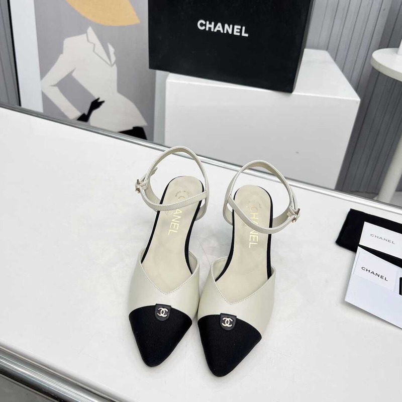 Ch*el contrast toe leather sling backs white
