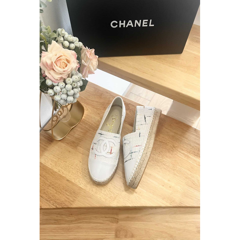 Ch*el espadrilles glittered cotton tweed & lambskin white & multicolor