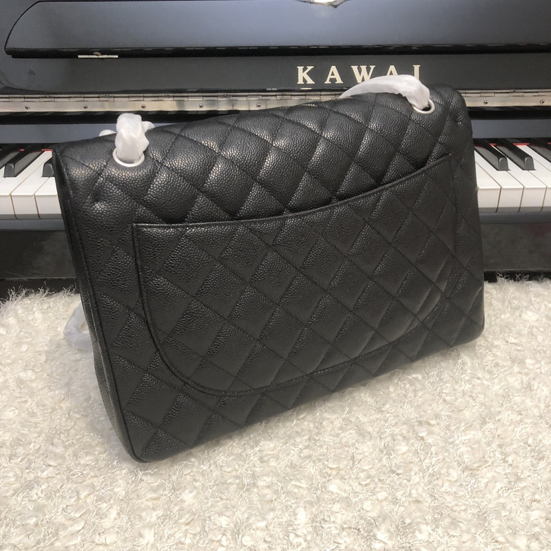 Ch*el classic double flap quilted caviar silver-tone large black