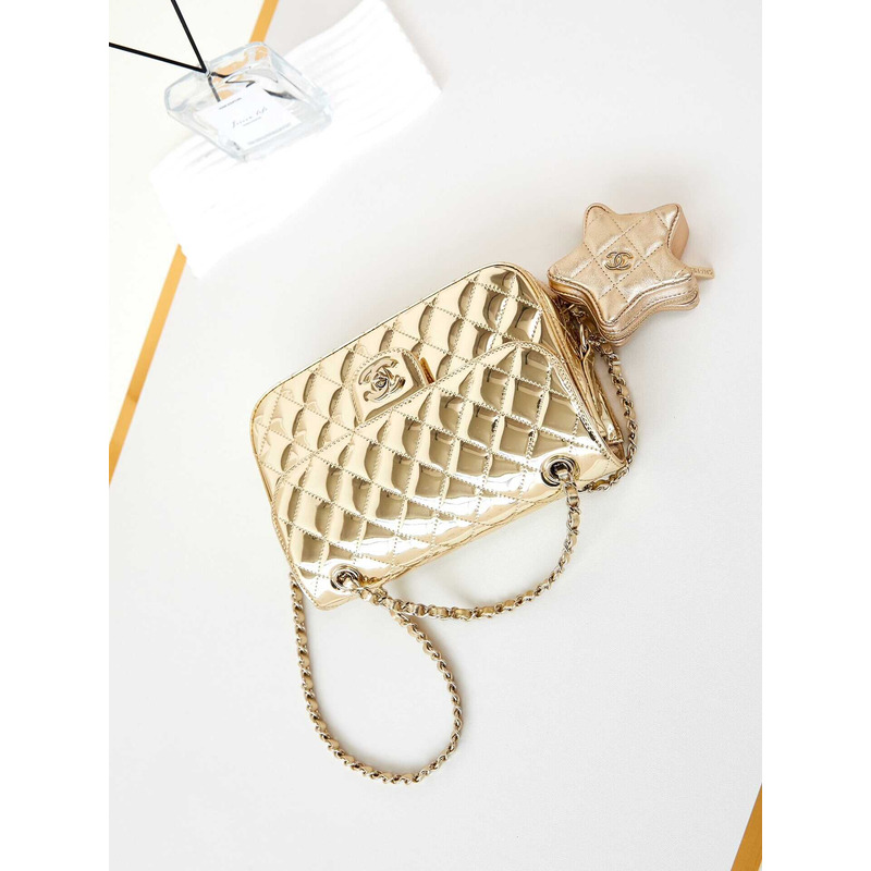 Ch*el flap & star coin purse metallic mirror calfskin, metallic lambskin & gold-tone metal light gold