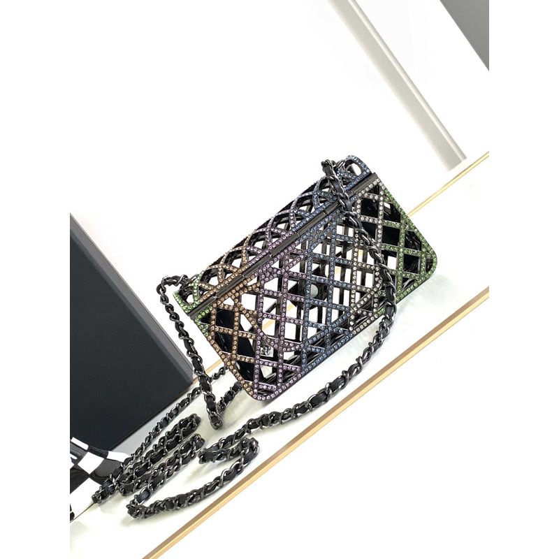 Ch*el mini evening bag strass & black metal black & multicolour