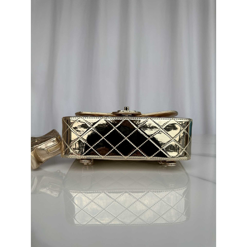 Ch*el backpack & star coin purse metallic mirror calfskin, metallic lambskin & gold-tone metal light gold