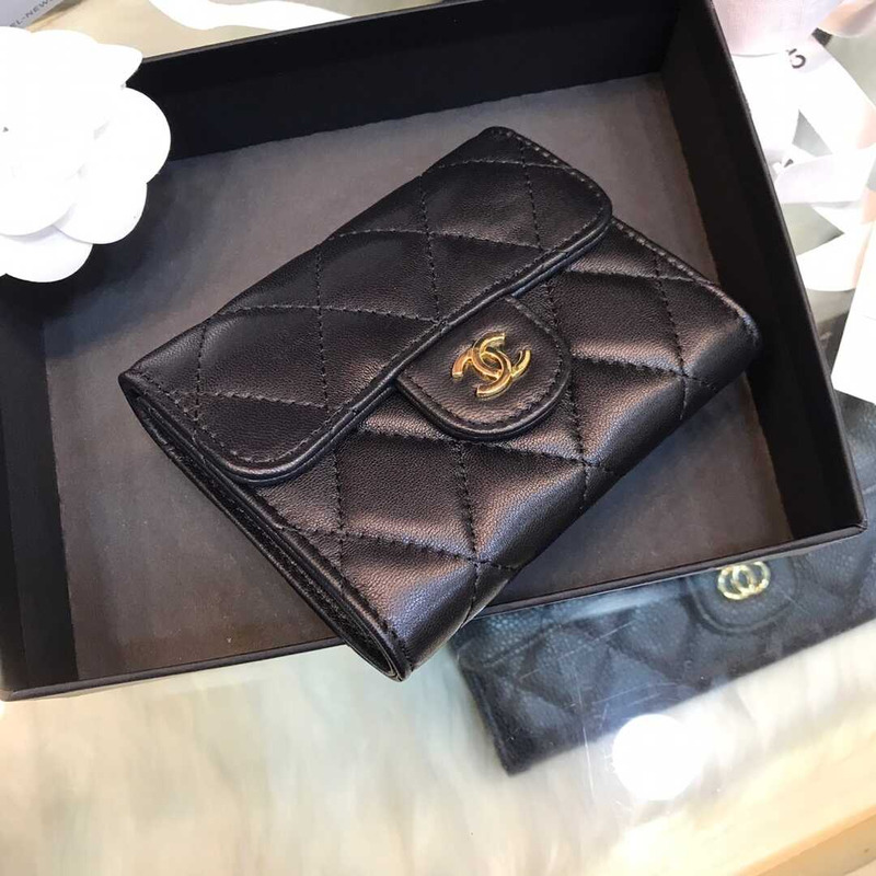 Ch*el lambskin small flap wallet black