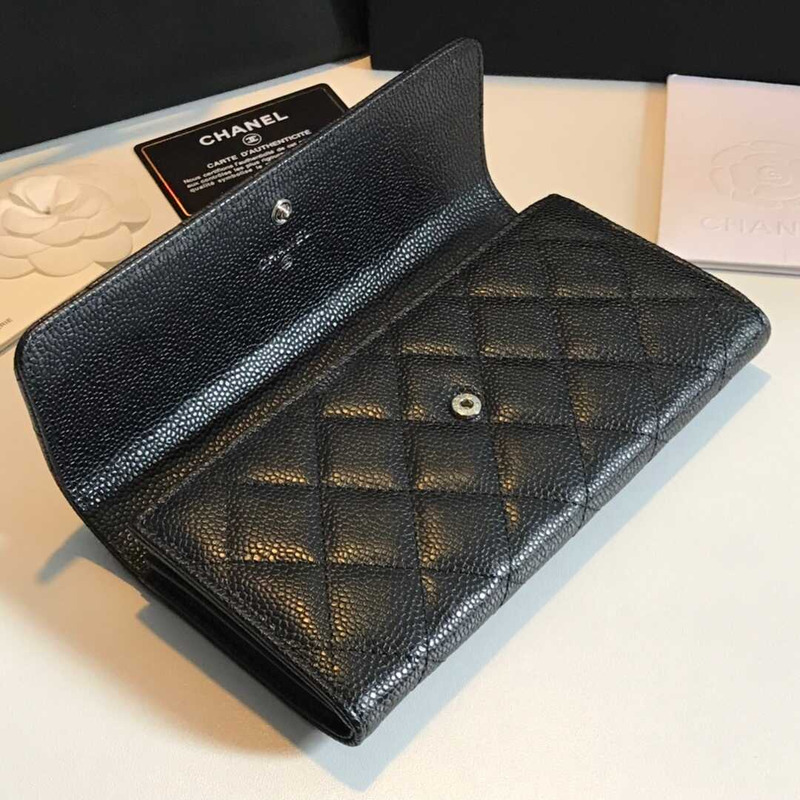 Ch*el caviar quilted large gusset flap wallet black