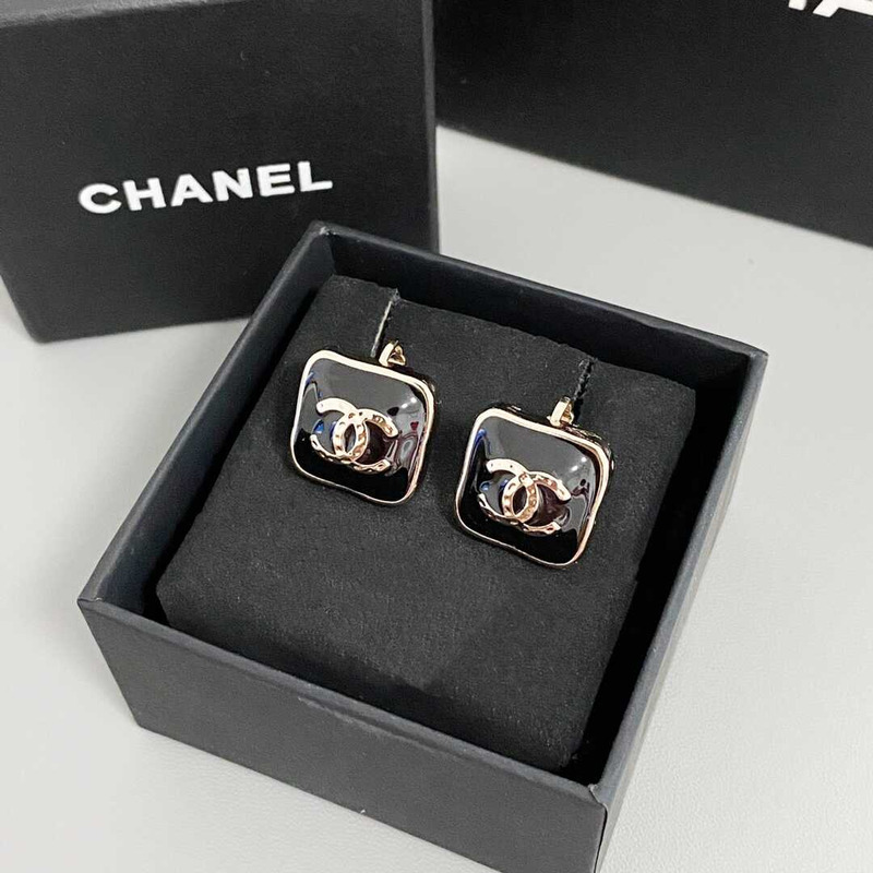 Ch*el enamel strass cc earrings black