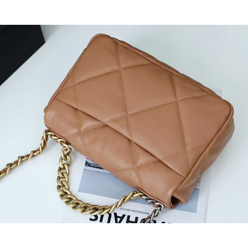 Ch*el 19 small flap lambskin silver  aged gold brown