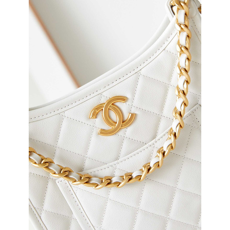 Ch*el hobo handbag washed denim & gold-tone metal white
