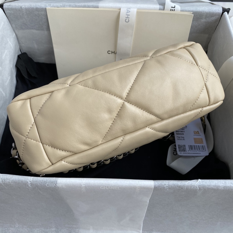 Ch*el lambskin quilted small Ch*el 19 flap dark beige