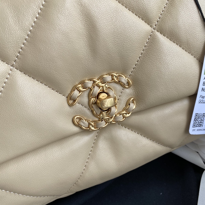 Ch*el lambskin quilted small Ch*el 19 flap dark beige