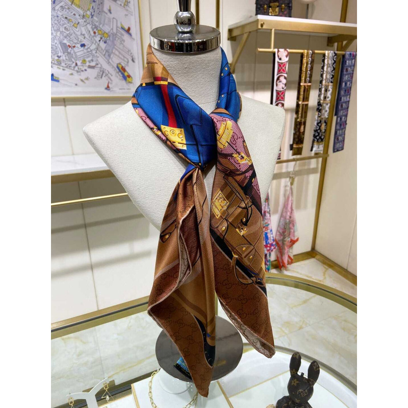 G*u*i  flora print silk scarf in brown