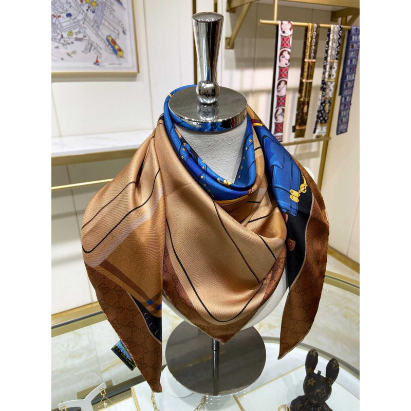 G*u*i  flora print silk scarf in brown